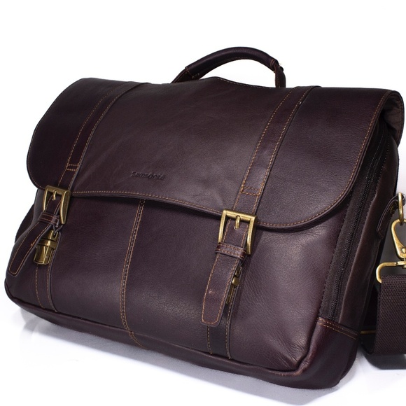 Samsonite Leather Messenger Bag | Brown Leather Flapover Case Double Gusset - Picture 5 of 10